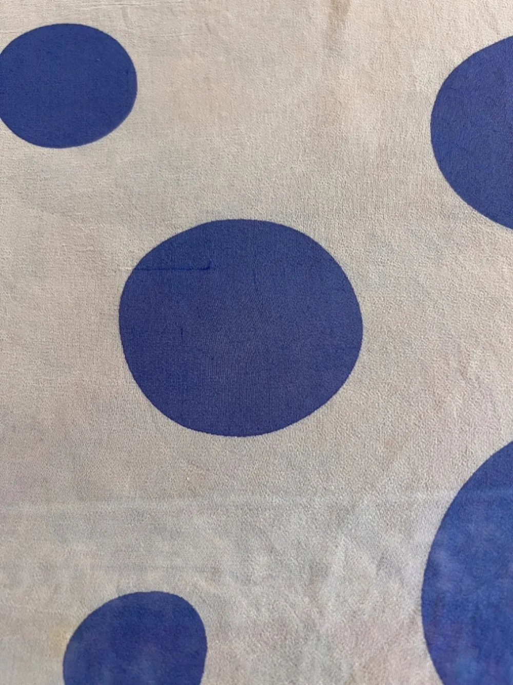 Square silk white scarf with large blue polka dots